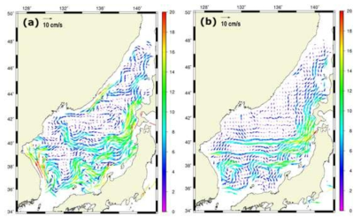 Altimetry-derived surface current from (a) AVISO and geostrophic currents from (b) EASA in February.