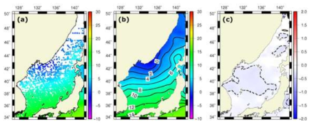 (a) Data position, (b) temperature distribution, (c) meridional gradient at the surface in February from WOA09 that is projected to WOD13 position.