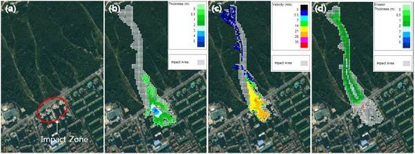 DAN3D 수치해석 모의 결과 : (a) 영향권 선정, (b) 영향권에서의 토석류 두께분포, (c) 영향권에서의 토석류 속도 분포, (d) 영향권 내에서의 침식 깊이 분포