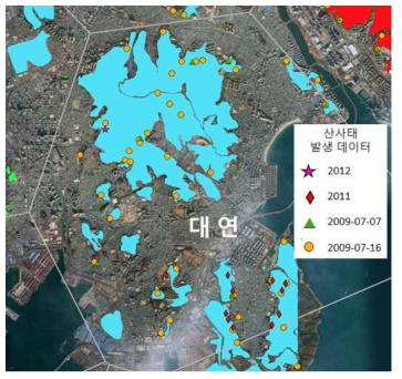 대연 티센망 권역에 분포한 산사태 발생이력 GIS DB 현황