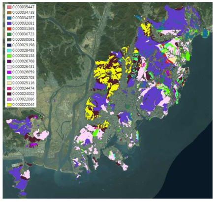 모암 종류와 토성 종류를 동시에 고려하였을 때의 총 19개 권역 분포 및 부산 전역 포화투수계수 GIS 기반 DB