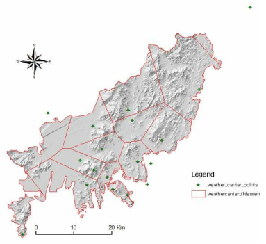 부산지역 기상관측장비 위치에 따른 티센망