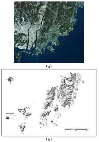 연구 지역의 (a) 항공사진 및 (b) 음영기복도