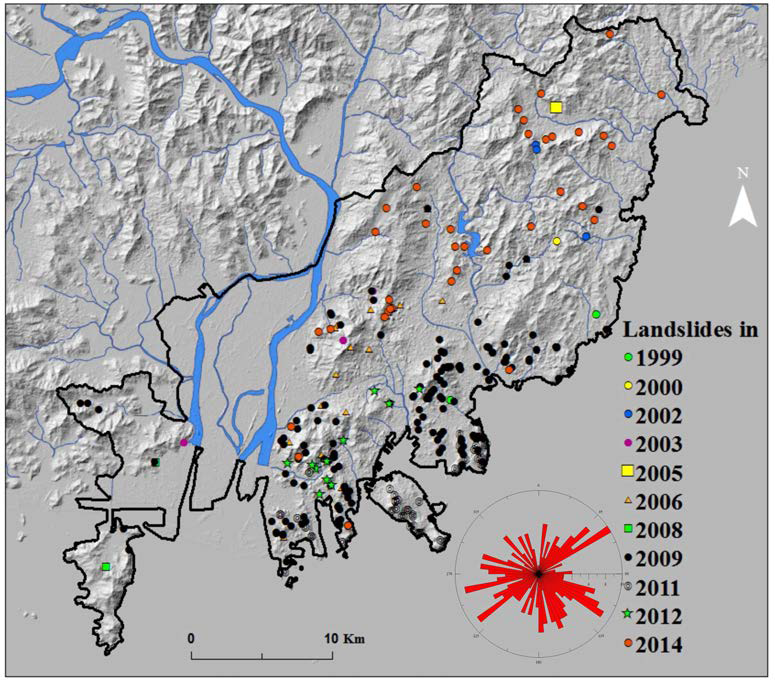Landslide inventory map of Busan and rose diagram depicting landslide direction in inset.