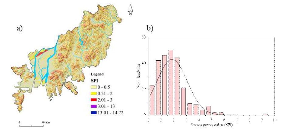 a) Spatial distribution of SPI and b) distibution of landslide in SPI