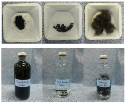 분말활성탄 (PAC, 좌), 입상활성탄 (GAC, 중), 활성탄소섬유 (ACF, 우)의 사진