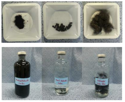 분말활성탄 (PAC, 좌), 입상활성탄 (GAC, 중), 활성탄소섬유 (ACF, 우)의 사진