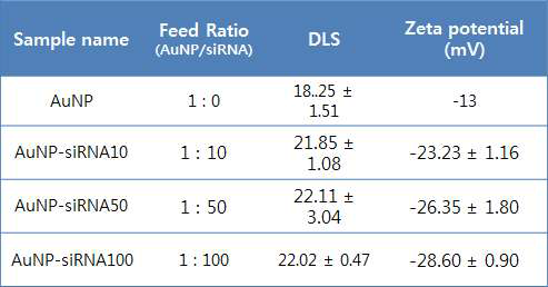 금나노입자(AuNP)와 siRNA를 결합한 금나노입자의 크기와 zeta potential 값