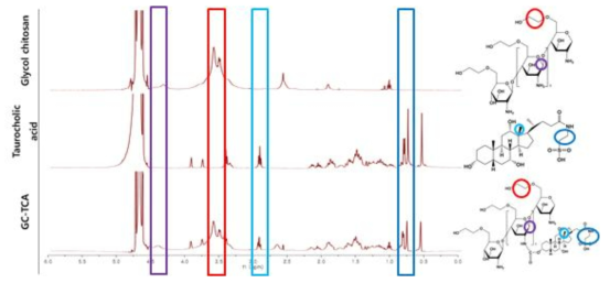 키토산(glycol chitosan, GC)와 TCA(taurocholic acid) 그리고 두 물질의 결합물의 H1-NMR