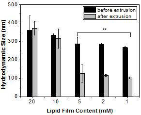 lipid film의 농도에 따른 Liposome의 크기 그래프