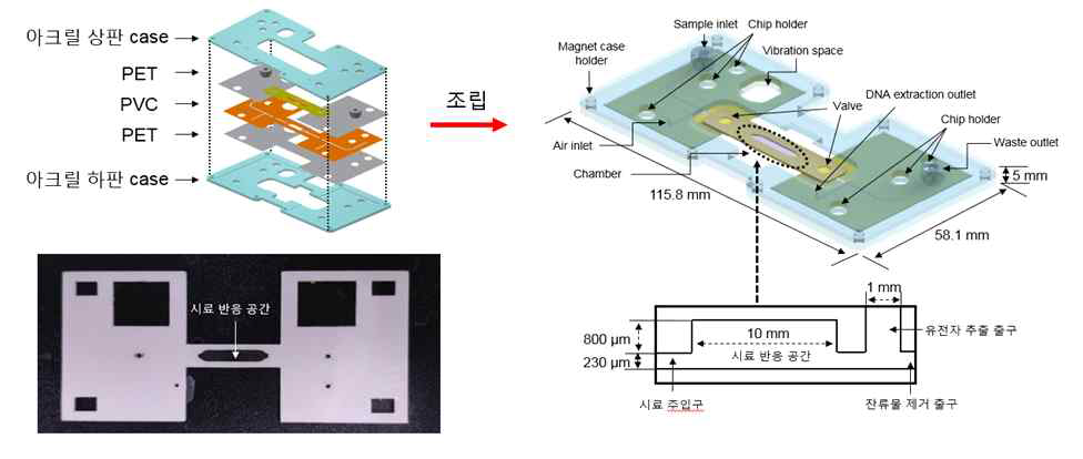 농축-핵산증폭-핵산 분리 모듈 칩 모식도 및 조립법, 실제 이미지