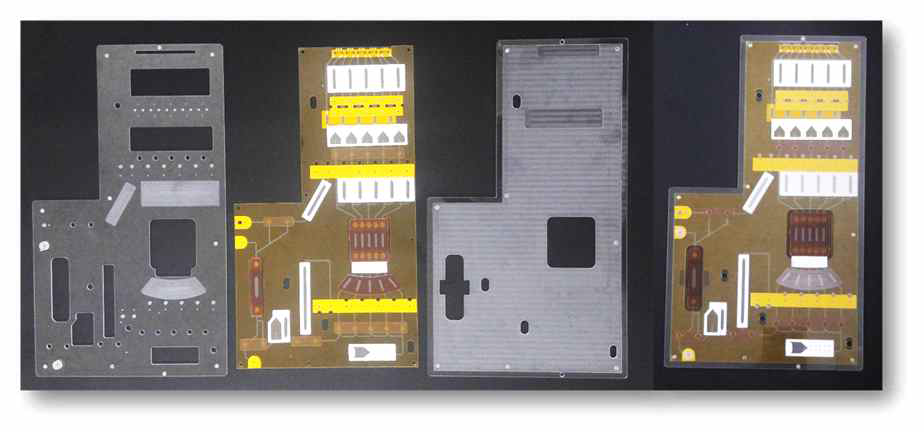 통합형 식중독균 판별칩: 좌에서 우로 상판, 필름칩, 하판, 조립된 칩