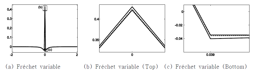 Convergence of the Fréchet variable with different values of r=Δyflow/ΔyFrechet: ―, r=1;― ―, r=3; ---, r=5; ―-―, r=7;―, r=9