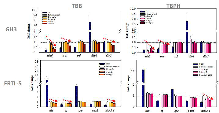 TBB, TBPH 노출이 GH3 또는 FRTL-5 세포에서 관련 유전자의 전사 수준에 미치는 영향.