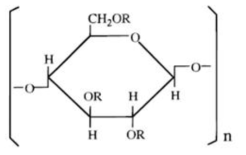 메틸셀룰로오스의 구조. R=CH3 or H