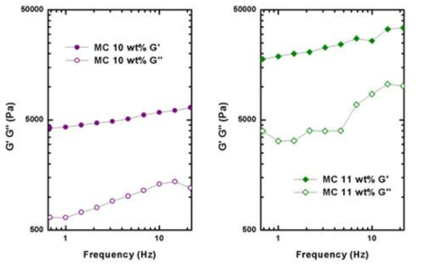 Ethanol-MC(10 wt%)와 Ethanol-MC(11 wt%) 젤의 Frequency sweep test