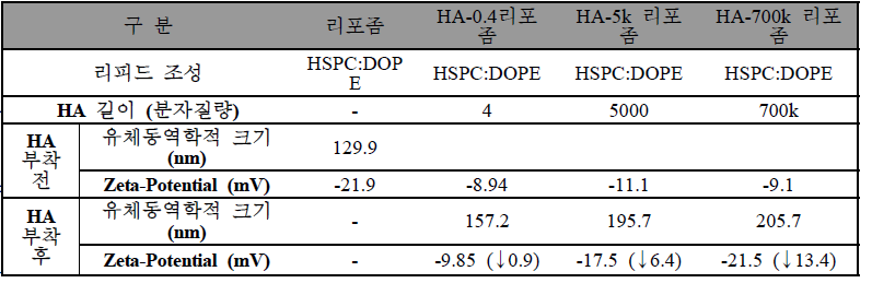 다른 길이를 가진 HA가 부착 전, 후 리포좀의 물리화학적 특성