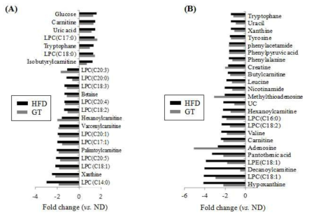 Fold changes of identified serum (A) and liver (B) metabolites. The fold change was calculated by dividing the normalized chromatogram intensity of each metabolite of HFD or GT by the intensity of ND.
