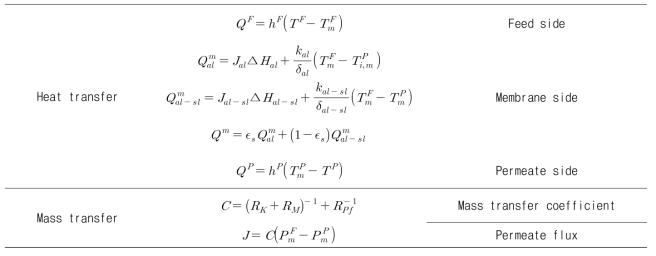 Heat and mass transfer equations in DCMD