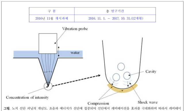 노치 선단 피닝의 개념도. 초음파 에너지가 선단에 집중되어 선단에서 캐비테이션을 효과를 극대화하며 따라서 캐비테이 션에 의해 발생되는 충격파를 통해 선단에 국부적으로 압축응력을 발생시키는 피닝이 가능하게 된다.