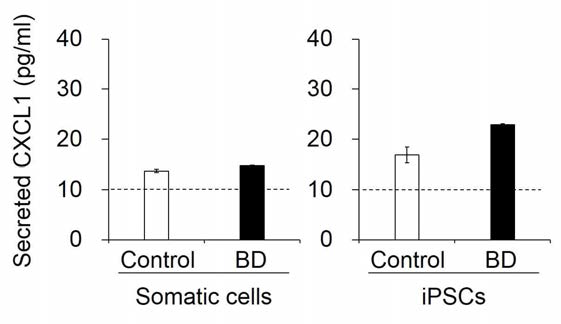 공여자 체세포 및 역분화 줄기세포에서 CXCL1의 분비량 비교 (ELISA)
