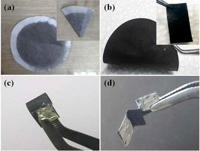 Optical images of (a) Pd-MWCNTs thin film, inset shows the folded Pd-MWCNTs thin film, (b) Pd-MWCNTs-RGO thin film, inset shows the small sensor piece, (c) sensor in bending position, and (d) sensor in folding position.