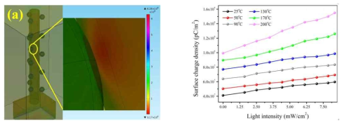 (a) Surface charge distribution at the Ag-ZnO NR interface and (b) simulation result of surface charge density as a function of light intensity.