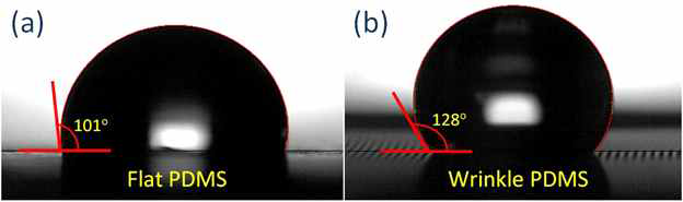 Water droplet contact angle images of (a) flat PDMS and (b) w-PDMS films.
