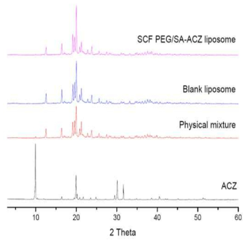 SCF PEG/SA-ACZ liposome, Blank liposome, Physical mixture 및 ACZ raw에 대한 PXRD 분석