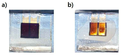 (a) Glass encapsulation 전의 페로브스카이트 태양전지와 (b) glass encapsulation 후 손상된 페로브스카이트 태양전지