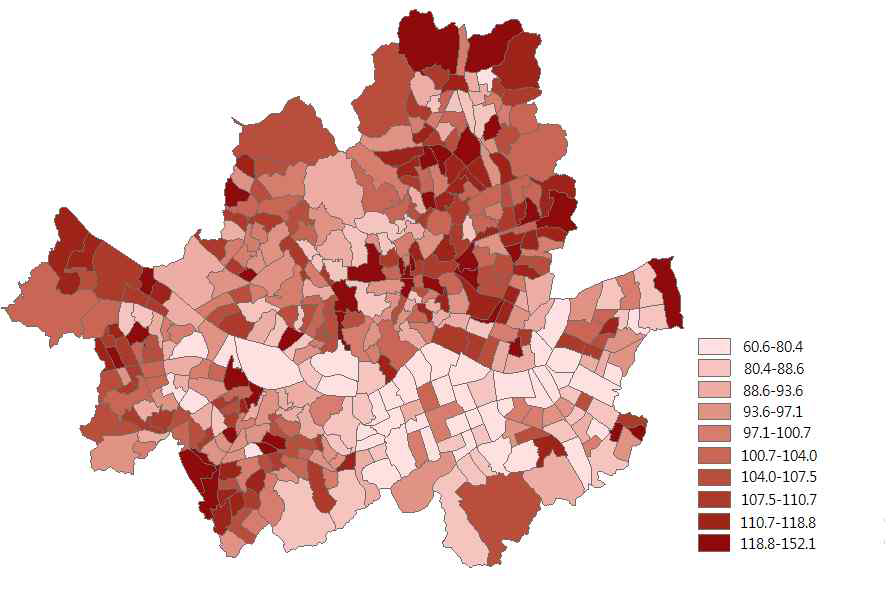 2005-2010년 서울시의 동별 표준화 사망비의 지리적 분포. 2012년도에 발간된 한 보고서에서 인용