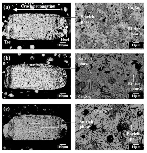 Morphologies of the fracture surface of the hybrid ICA (a) before reliability testing, (b) after thermal shock testing, and (c) after high temperature and humidity testing.