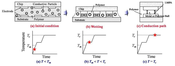 Schematic of interconnection mechanism using LMPA coated conductive particle filled ACA.