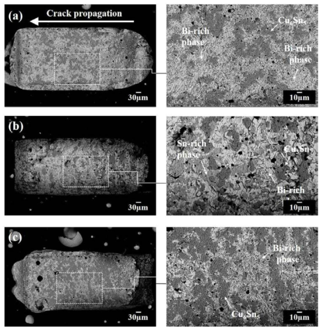 Morphologies of the fracture surface of the hybrid ACA (a) before reliability testing, (b) after thermal shock testing, and (c) after high temperature and humidity testing.