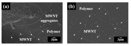 Dispersion of MWNTs in the formulated polymer matrix with (a) pristine MWNTs and (b) acid-treated MWNTs.