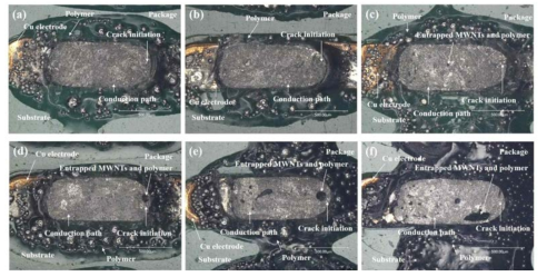 Morphology of the fracture surface of the conduction on the substrate for nano hybrid ICA composites with different MWNT weight percent of (a) 0 wt.%, (b) 0.03 wt.%, (c) 0.1 wt.%, (d) 0.5 wt.%, (e) 1 wt.% and (f) 2 wt.%.