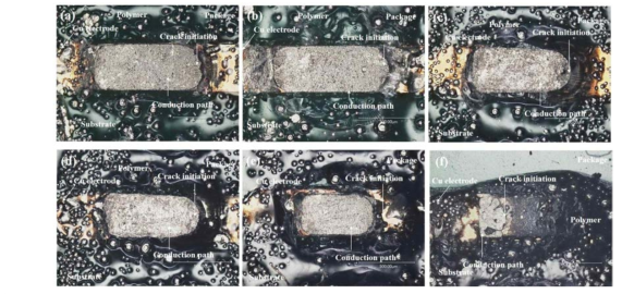 Morphology of the fracture surface of the conduction on the substrate for nano hybrid ACA composites with different MWNT weight percent of (a) 0 wt.%, (b) 0.03 wt.%, (c) 0.1 wt.%, (d) 0.5 wt.%, (e) 1 wt.% and (f) 2 wt.%.