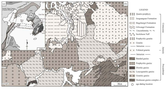 (a) Simplified tectonic map of the Korean Peninsula and the eastern China (modified after Oh and Kusky, 2007); (b) Geological map of the study area (modified after Kim et al., 2014b; Lee et al., 2014b). Abbreviations: NM, Nangrim Massif; PB, Pyeongnam Basin; IB, Imjingang belt; GM, Gyeonggi Massif; OMB, Okcheon metamorphic belt; TB, Taebaeksan Basin; YM, Yeongnam Massif; GB, Gyeongsang Basin.