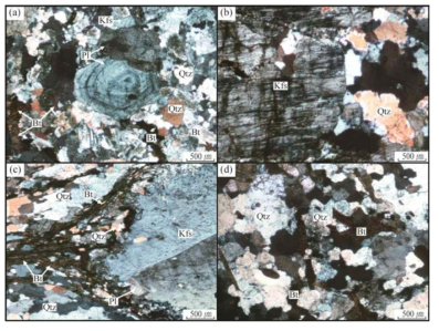 Photomicrographs images showing typical mineral assemblages in the gneisses in the study area