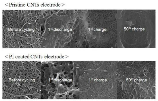 순수한 CNT와 polyimide-wrapped CNT를 사용하여 제조한 극판들의 초기 방전, 충전, 50번째 충전한 표면의 SEM 이미지 비교