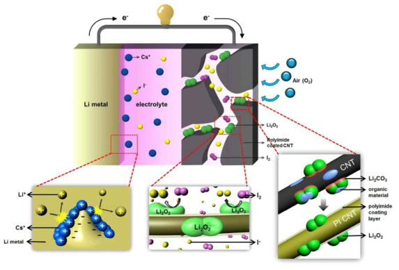 Schematic diagram showing the effect of polyimide-coated CNTs and the LiNO3/CsI electrolyte on the air electrode and anode (Li metal).