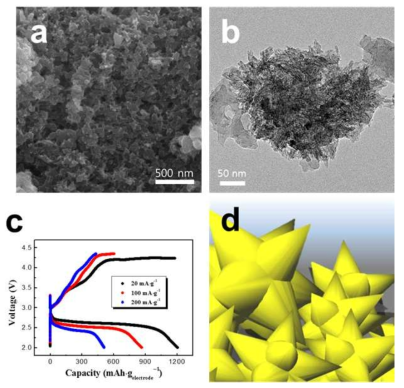 (a) SEM, (b) TEM images of the PEDOT microflower particles, (c) initial discharge-charge profiles of the cells with PEDOT microflower electrodes, and (d) Schematic diagram showing the PEDOT shape like microflower.