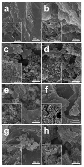 SEM images of the (a, b) graphene electrode, (c, d) PEDOT/graphene 5 wt.%, (e, f) PEDOT+graphene 10 wt.%, and (g, h) PEDOT/graphene 20 wt.% composite electrodes before testing (left) and after 50 cycles (charged state) (right).