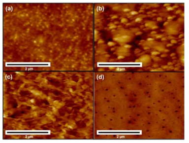 Topographic AFM images of (a)ITO-PET, (b)O2plasma-treated ITO-PET, (c)ITO-PET/Gr, and (d)ITO-PET/Gr/ZnO QDs(AP-jet) thin films.