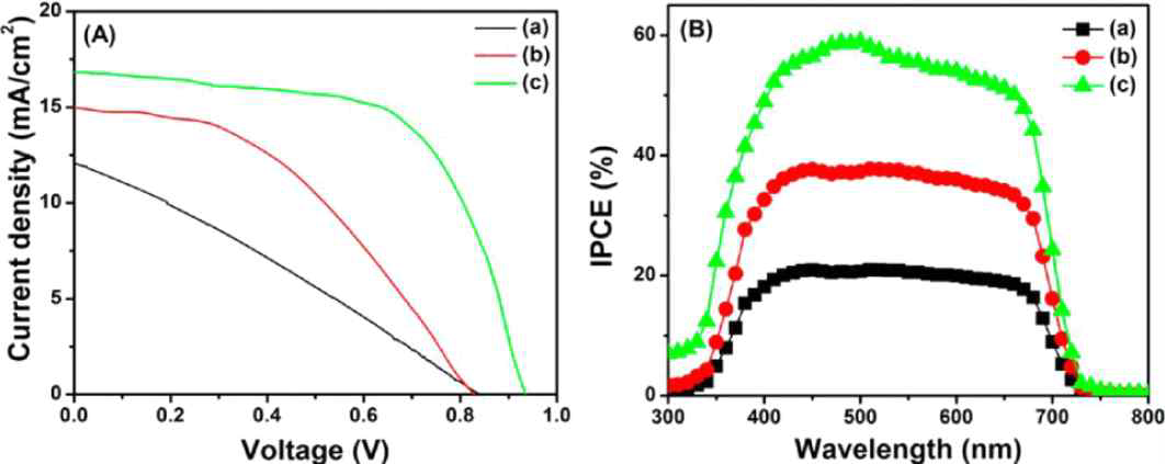 J−V curves (A)and IPCE spectra (B)of the fabricated flexible perovskite solar cells with (a)ITO-PET / Gr, (b)ITO-PET / Gr / ZnO QDs, and (c)ITO-PET / Gr / ZnO QDs(AP-jet) thin films.