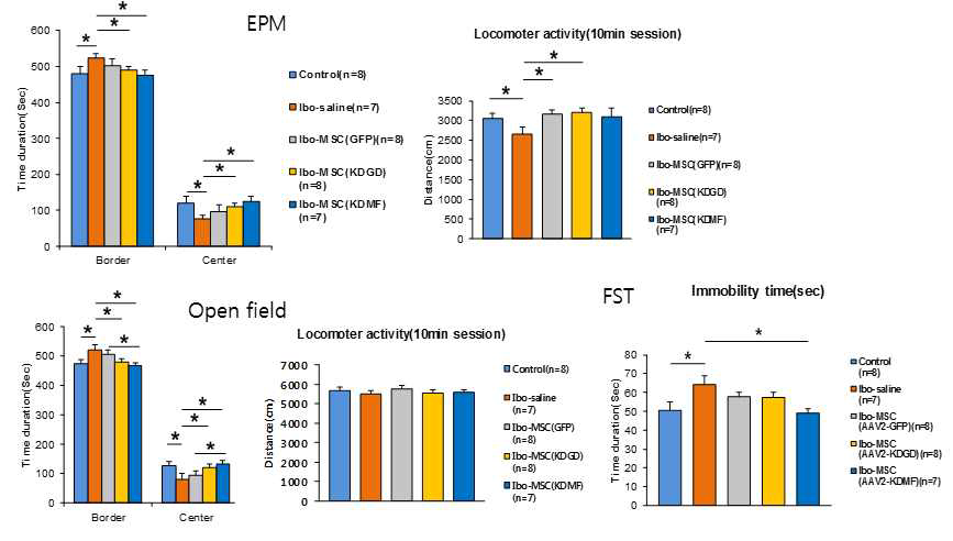 MSC_GFP-AAV, MSC_KDGD-AAV, MSC_KDMA-AAV 이식군에서 정서불안 행동 검사