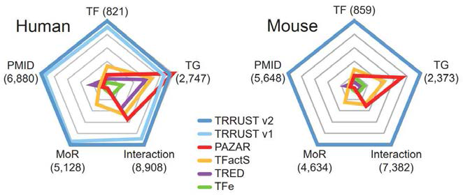 TRRUST에 포함된 인간과 흰 쥐의 전사조절 정보 비교데이터 다른 문헌기반 데이터베이스에 비해서 TRRUST 데이터베이스가 가장 많은 정보를 가지고 있음이 밝혀졌다.