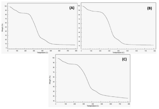 각 고분자의 TGA 특성 (A) PVA-CHI, (B) PVA-CHI-HEC and (C) PVA-CHI-HEC-5-FU