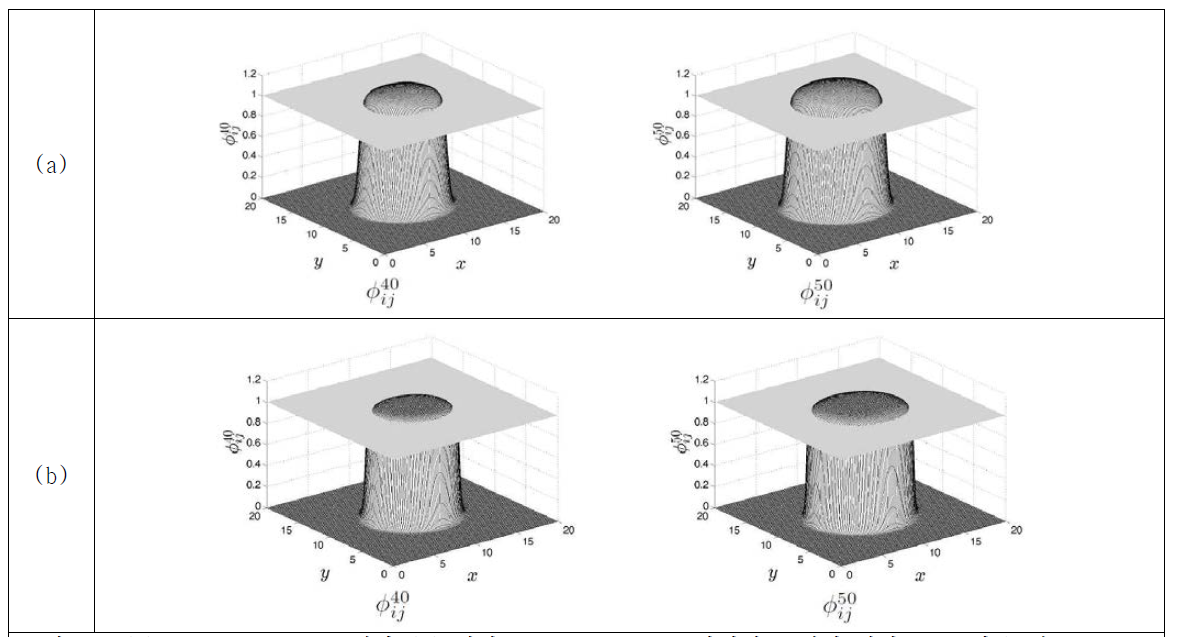 (a) Cahn-Hilliard 모델과 (b) 질량보존 Allen-Cahn 방정식 모델의 질량 보존 여부 테스트