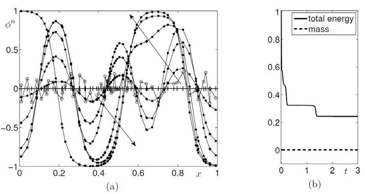 (a) 초기 조건      rand , rand 는 -1과 1사이의 정규분포 난수,에 따른 수치해의 변 화. 화살표의 방향은 시간의 흐름을 표현하는 것이다. (b) 정규화된 total energy        (직선)과 total mass (화살표)의 분포